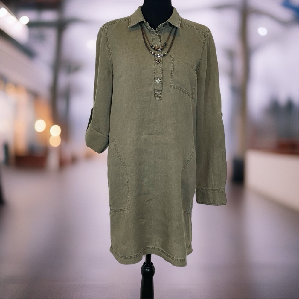 Michael Stars Eleanor Green Linen Roll Tab Sleeve Shirt Dress Size S